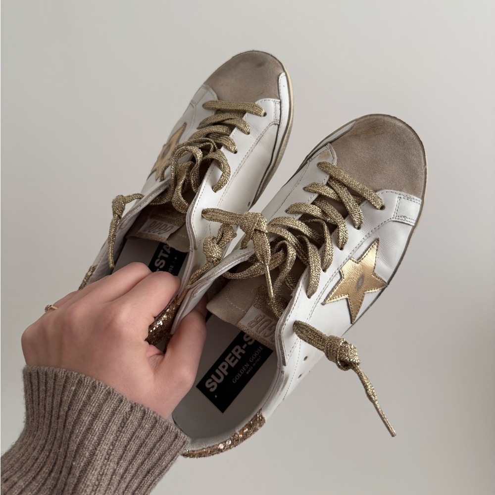 Golden Goose Superstar White and Gold Star Sneakers